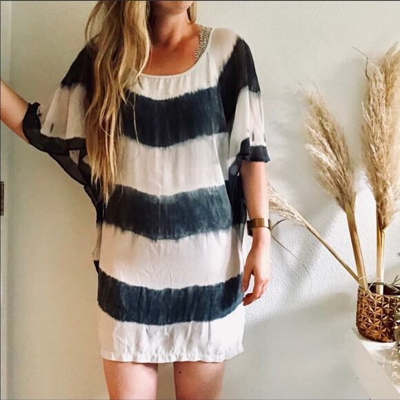 GYPSY 05 REVOLVE Navy Blue White Silk Tie Dye Stripe Dolman Sleeve Tunic Dress S - Picture 3 of 7